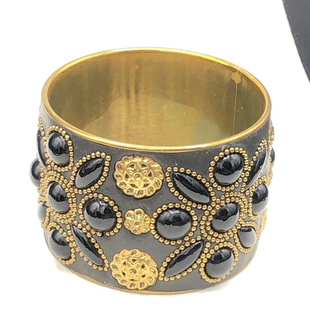 Handmade Artisan‎ Brass Floral Bracelet Ornamental Beads Black Resin Cuff Bangle
